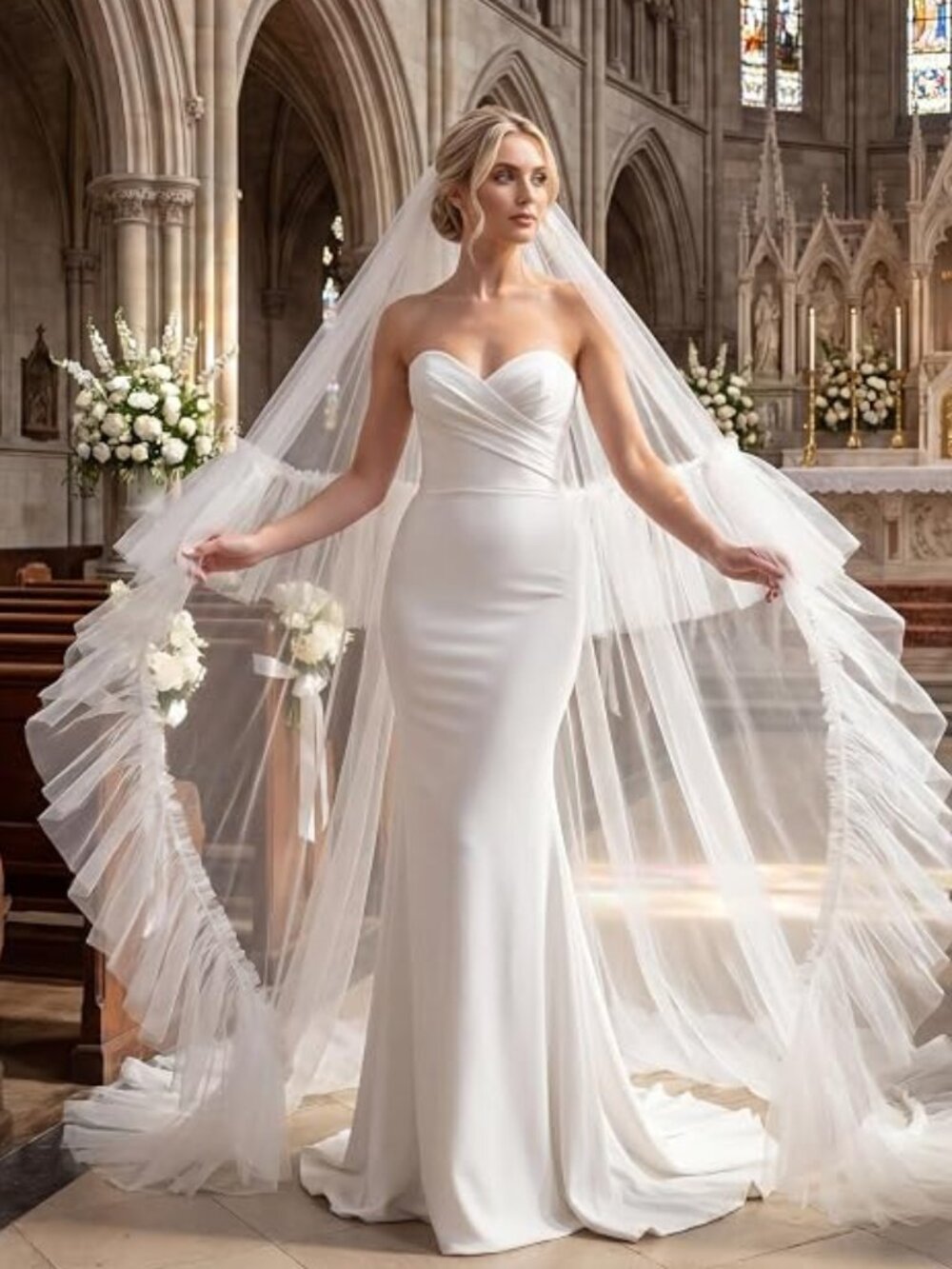 Wedding Veil Ruffled Edge Tulle Two tier - Picture 4 of 7